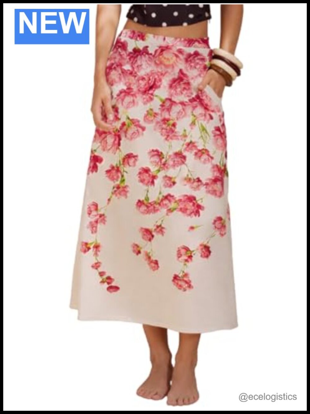 Floral Print High Waist Midi Skirt Side Pockets A-Line